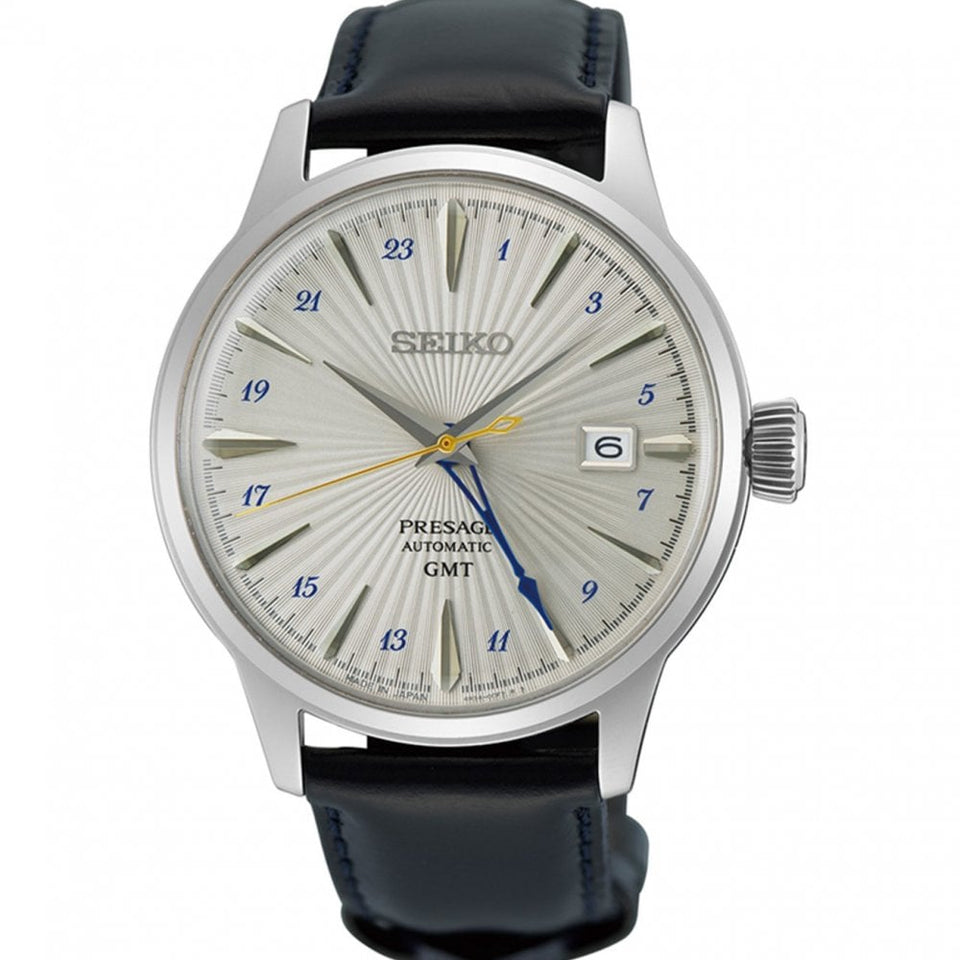 Seiko Presage Men's Cocktail Time 'Silver Bullet' GMT Leather Strap Watch
