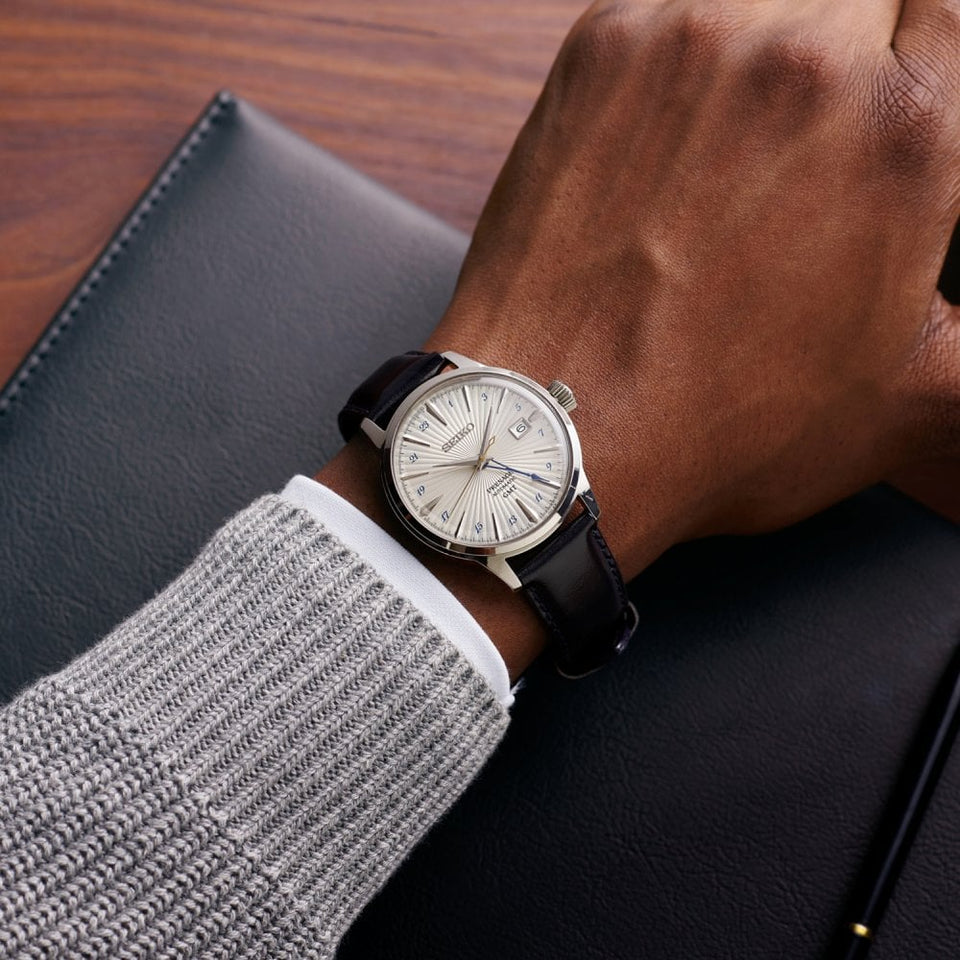 Seiko Presage Men's Cocktail Time 'Silver Bullet' GMT Leather Strap Watch