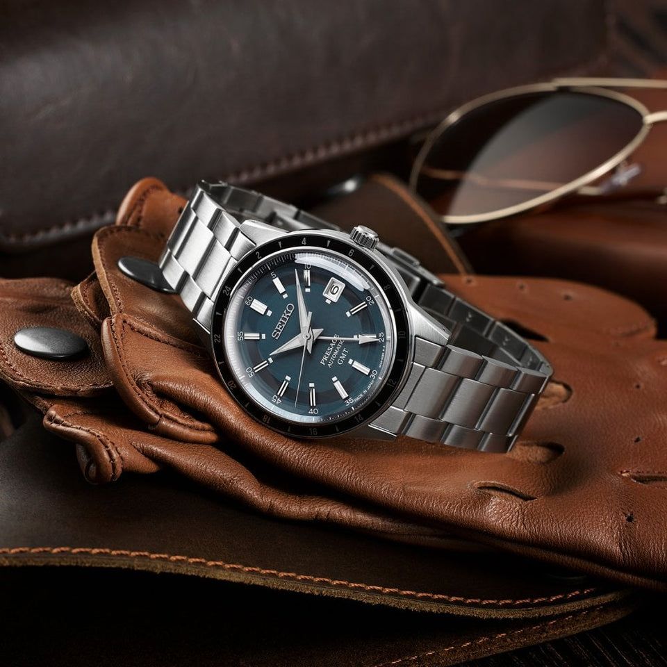 Seiko Presage Men's ‘Petrol Blue‘ Style 60s Road Trip GMT Watch