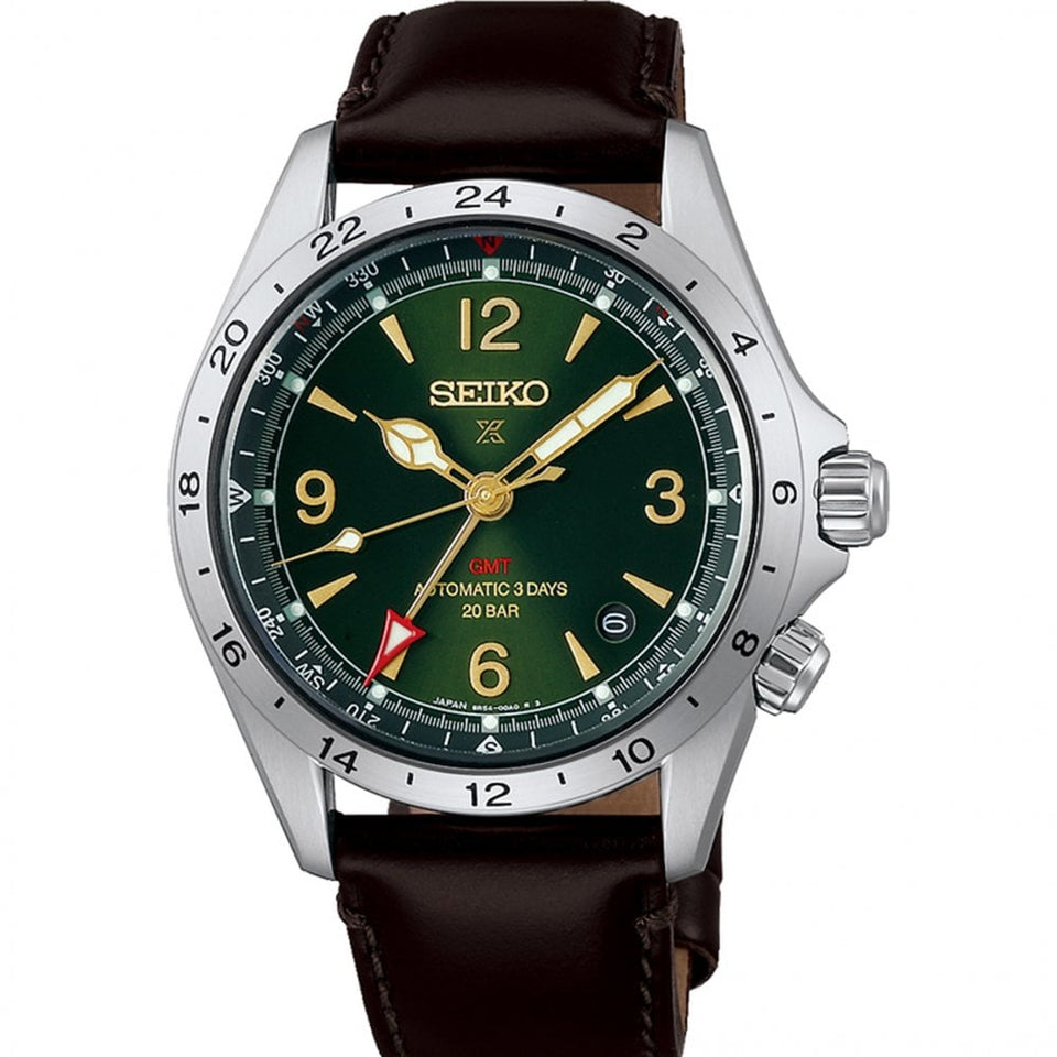 Seiko Prospex Men's Alpinist GMT Green Dial Leather Strap Mechanical Watch