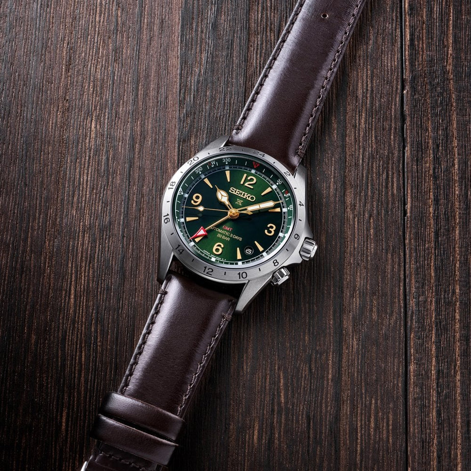 Seiko Prospex Men's Alpinist GMT Green Dial Leather Strap Mechanical Watch