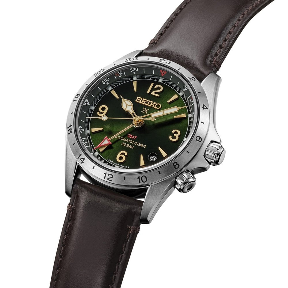 Seiko Prospex Men's Alpinist GMT Green Dial Leather Strap Mechanical Watch