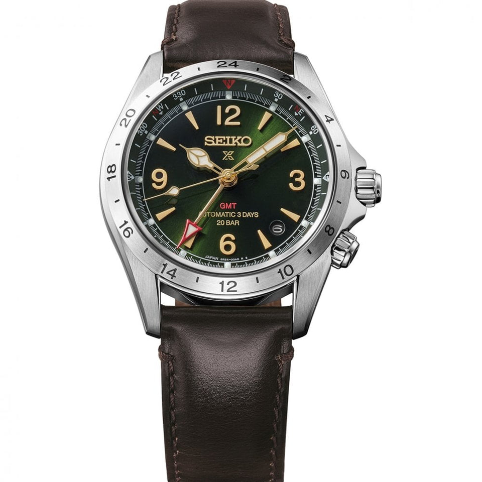Seiko Prospex Men's Alpinist GMT Green Dial Leather Strap Mechanical Watch