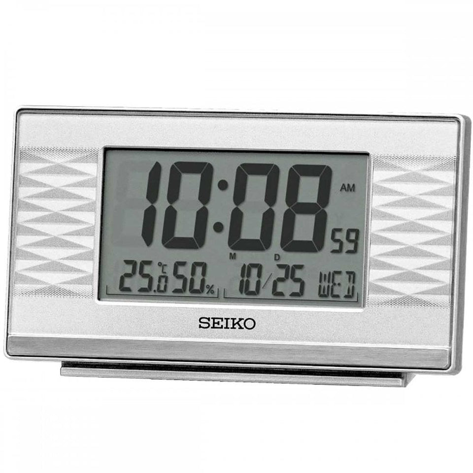 Seiko Standing Rectangular Silver LCD Bedside Alarm Clock