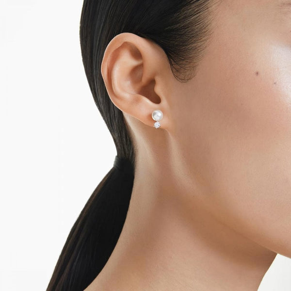 Swarovski Matrix Round Cut Stone Set Pearl Stud Earrings