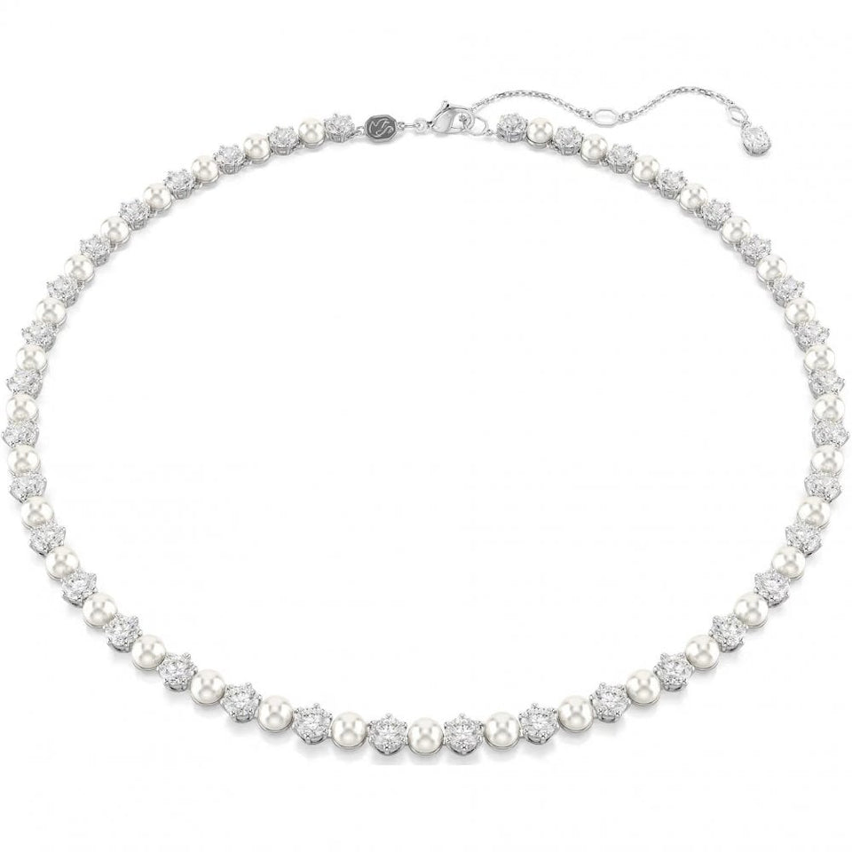 Swarovski Matrix Round Cut Stone Set Pearl Tennis Necklace