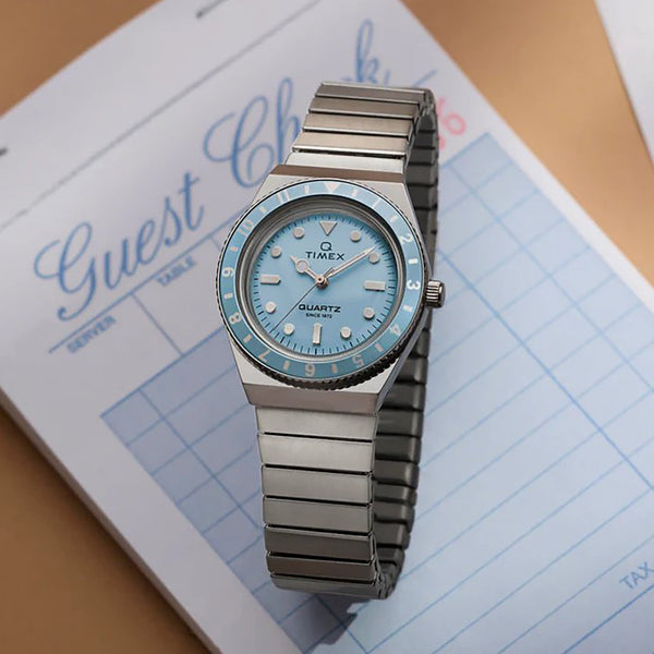 Timex Ladies Q Mini 30mm Blue Dial Expansion Strap Watch