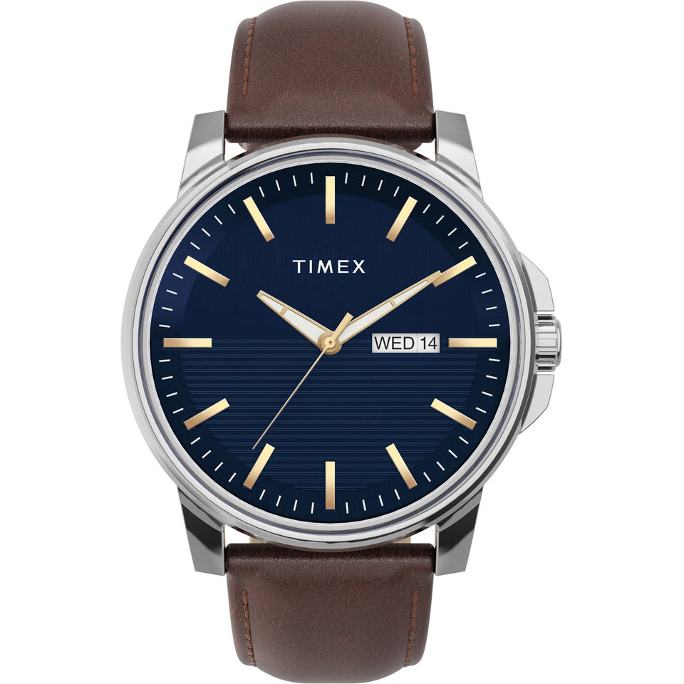 Timex Mens 42mm Blue Dial Leather Strap Watch