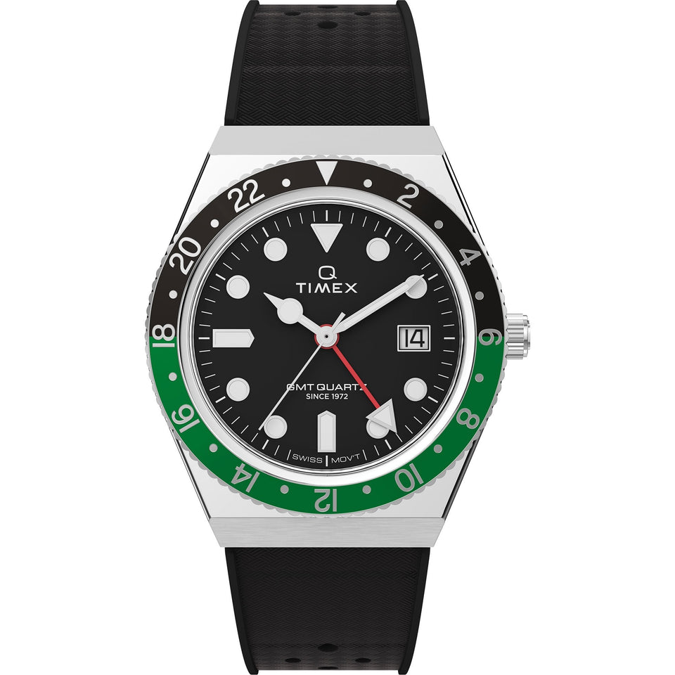 Timex Mens Q GMT 38mm Rubber Strap Watch