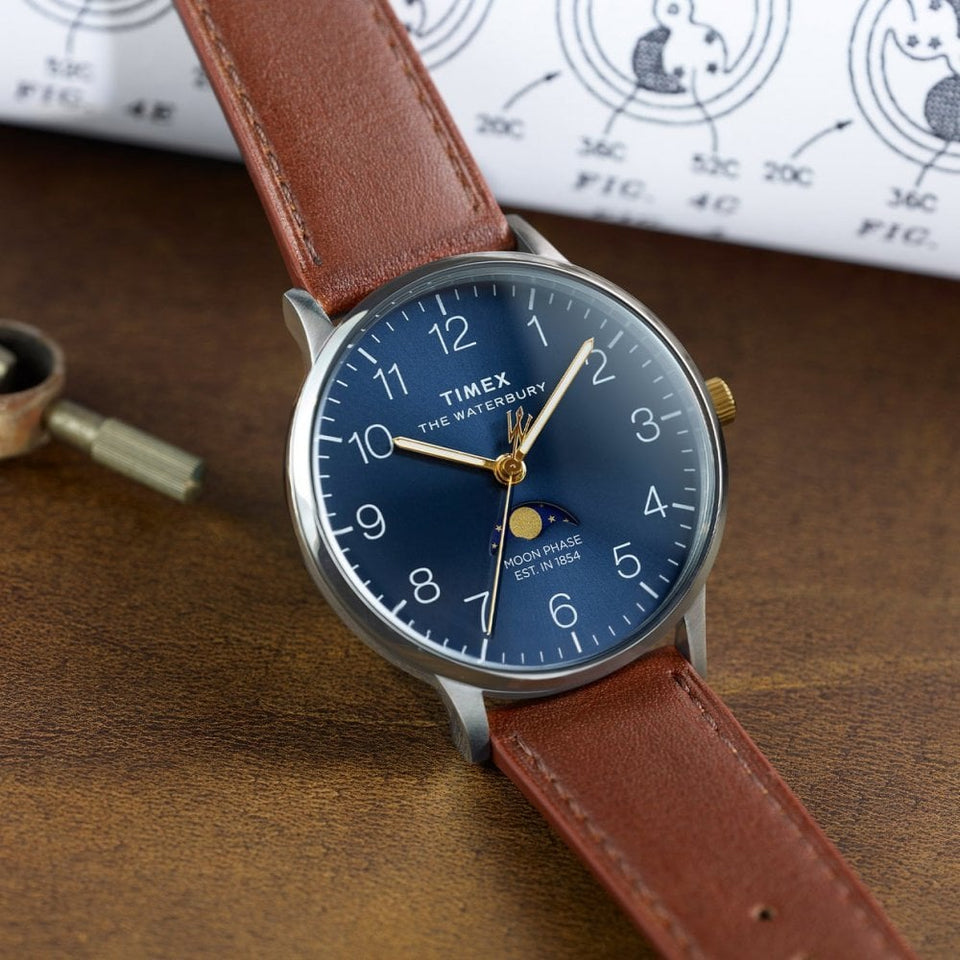 Timex Men's Waterbury Brown Leather Moonphase Watch
