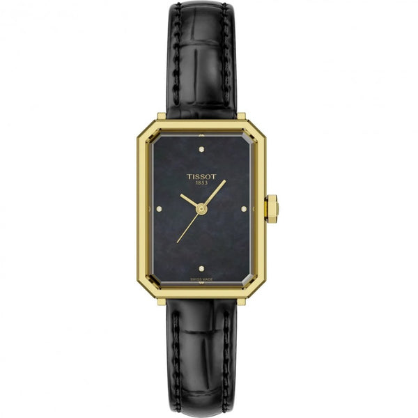 Tissot Ladies SRV Gold PVD Black Mother of Pearl Dial Leather Strap Watch