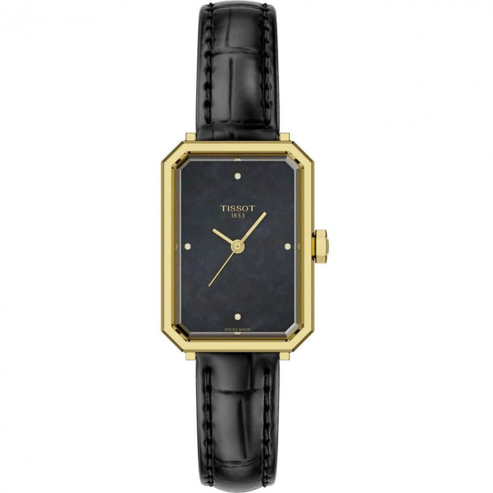 Tissot Ladies SRV Gold PVD Black Mother of Pearl Dial Leather Strap Watch