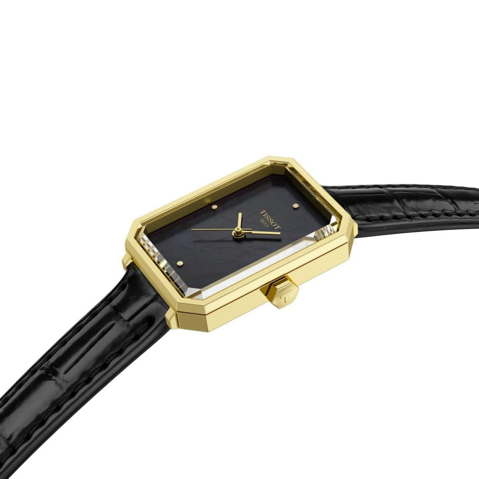 Tissot Ladies SRV Gold PVD Black Mother of Pearl Dial Leather Strap Watch