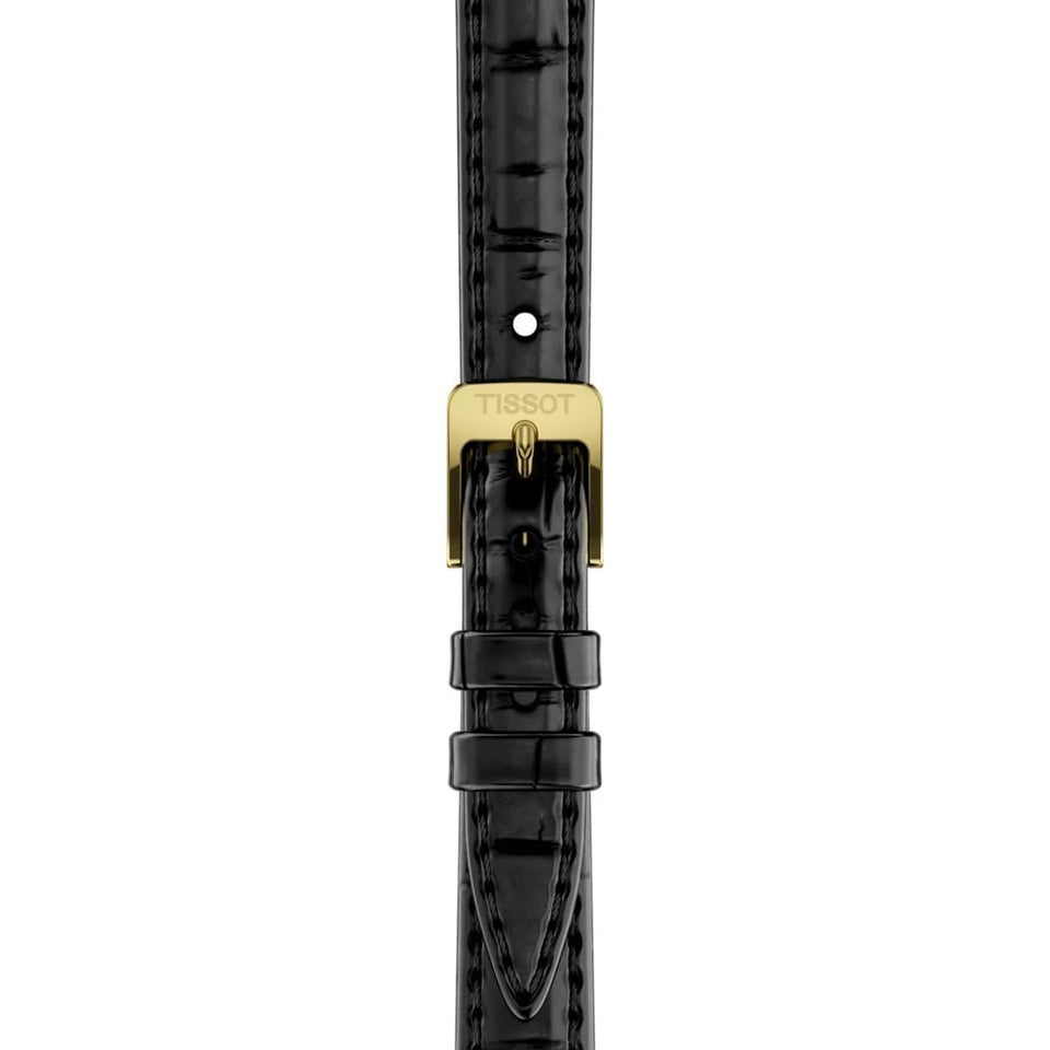 Tissot Ladies SRV Gold PVD Black Mother of Pearl Dial Leather Strap Watch