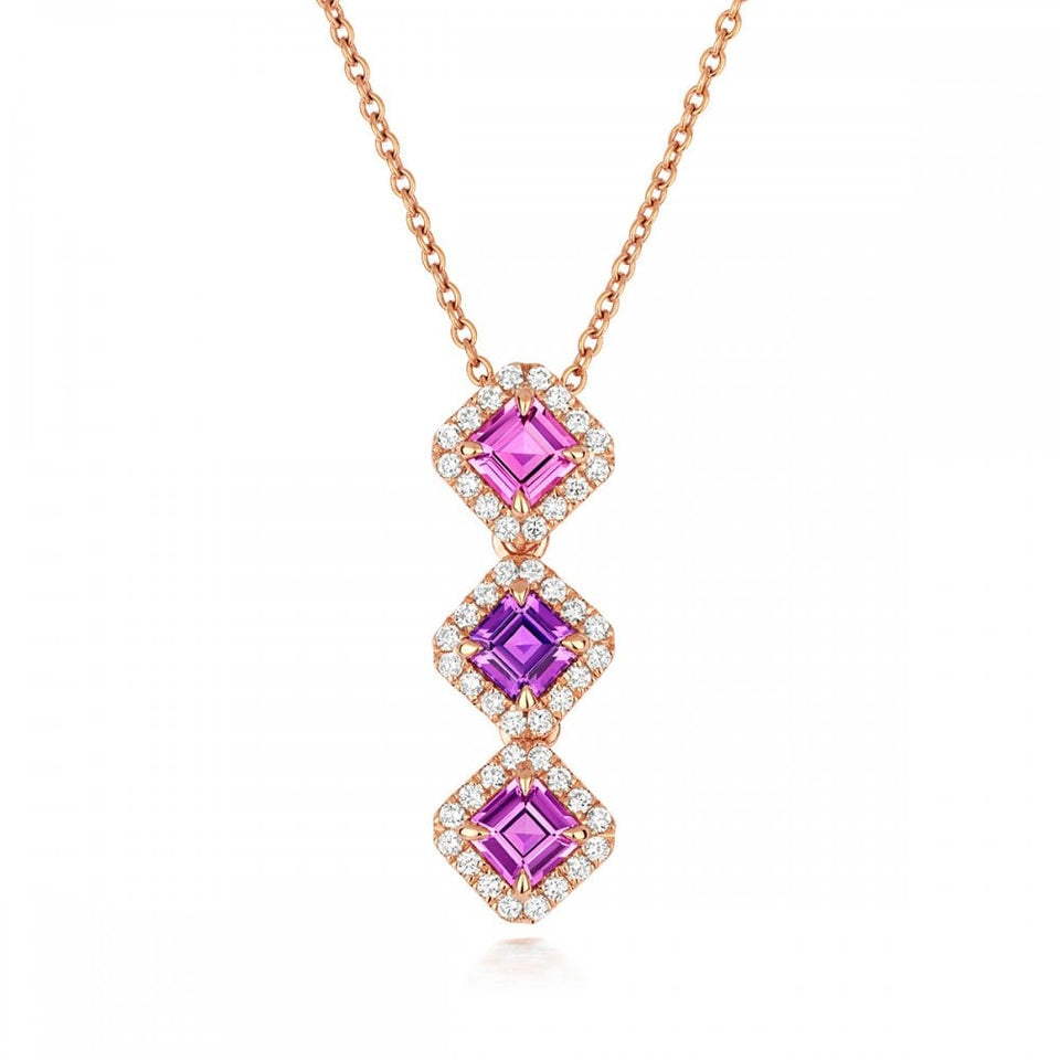 Tivon 18ct Rose Gold Diamond & Pink Sapphire Drop Necklace