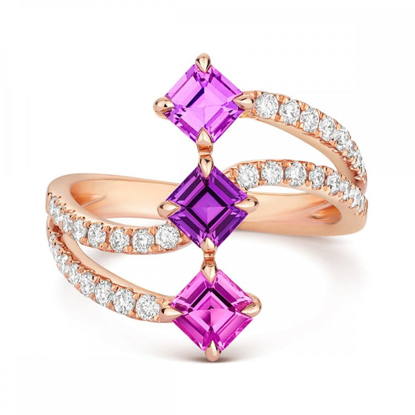 Tivon 18ct Rose Three Row Pink Sapphire and Diamond Ring