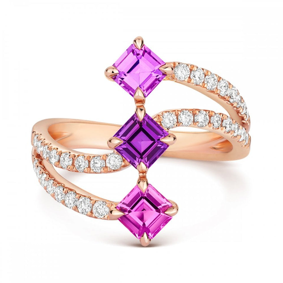 Tivon 18ct Rose Three Row Pink Sapphire and Diamond Ring