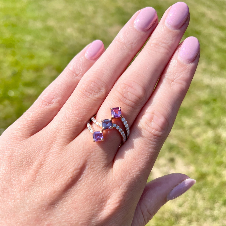 Tivon 18ct Rose Three Row Pink Sapphire and Diamond Ring