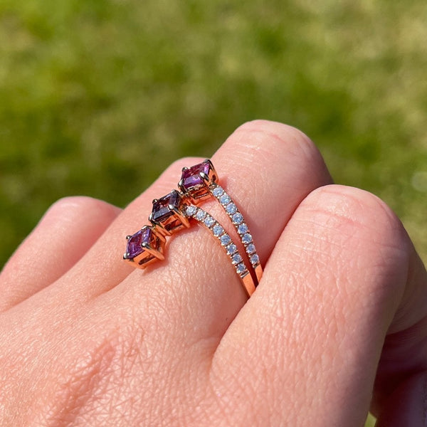 Tivon 18ct Rose Three Row Pink Sapphire and Diamond Ring