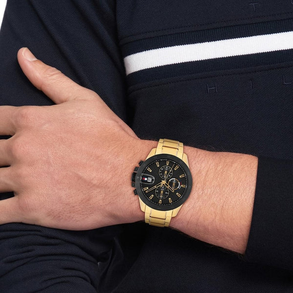 Tommy Hilfiger Gents Black Dial 43mm Gold Plated Watch