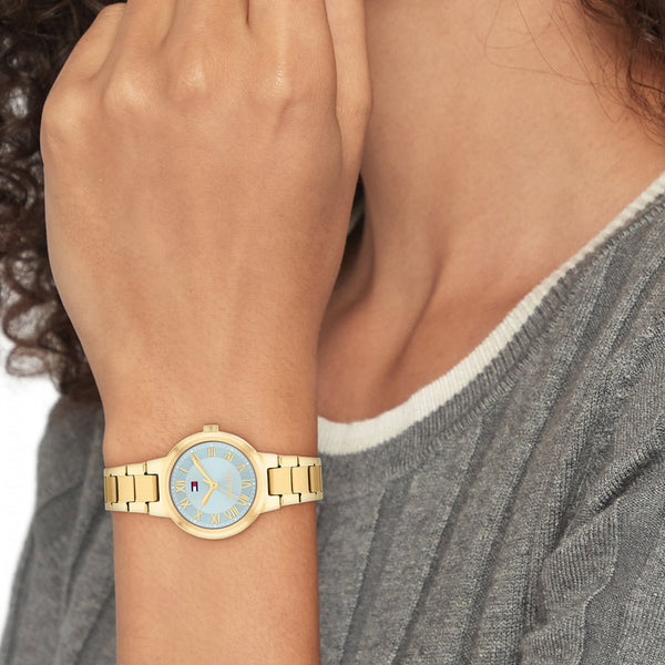 Tommy Hilfiger Ladies Becca Blue Dial Gold Plated Bracelet Watch