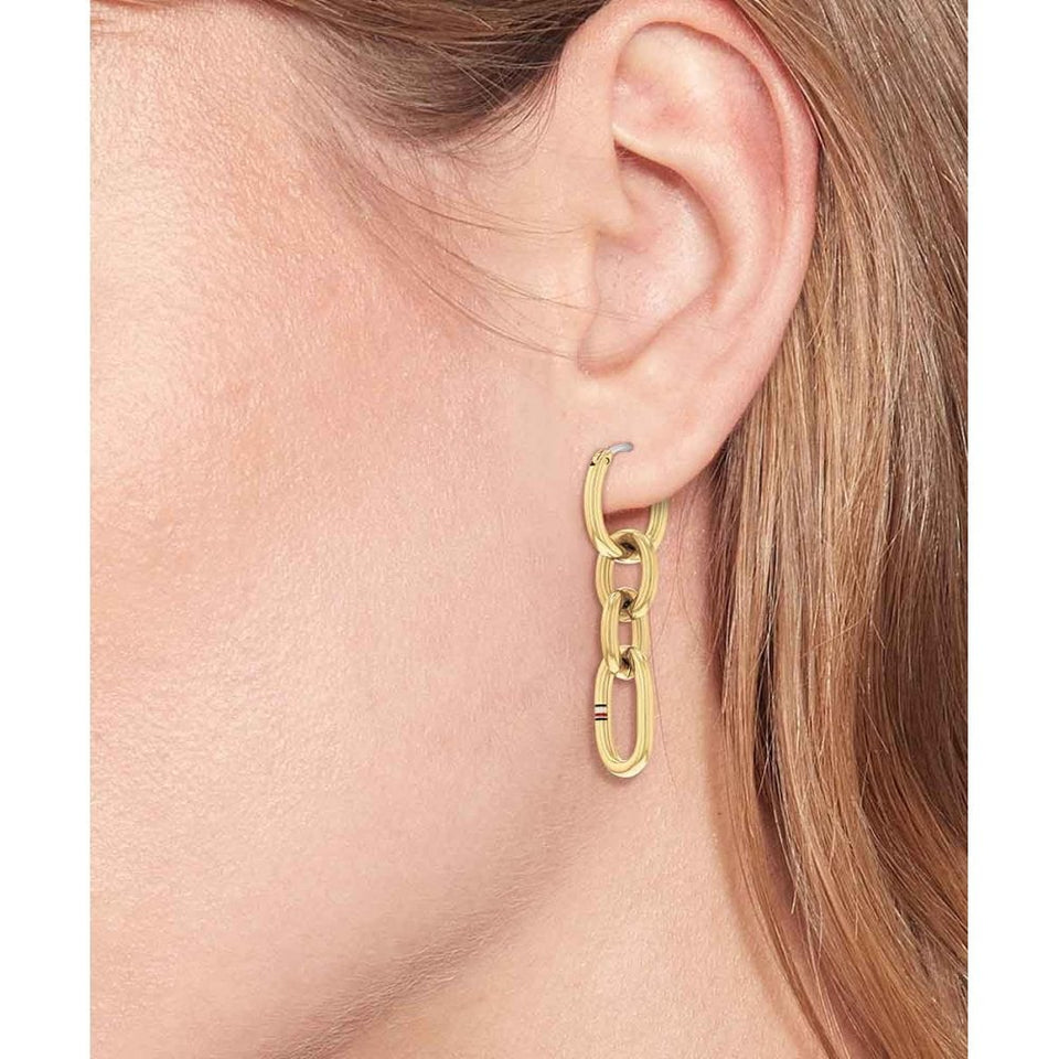 Tommy Hilfiger Ladies Contrast Linked Gold Plated Drop Earrings