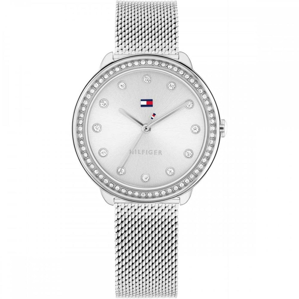 Tommy Hilfiger Ladies Demi 32mm Stone Set Silver Dial Mesh Bracelet Watch