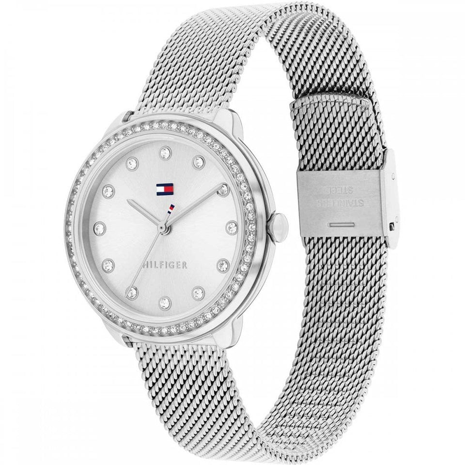 Tommy Hilfiger Ladies Demi 32mm Stone Set Silver Dial Mesh Bracelet Watch