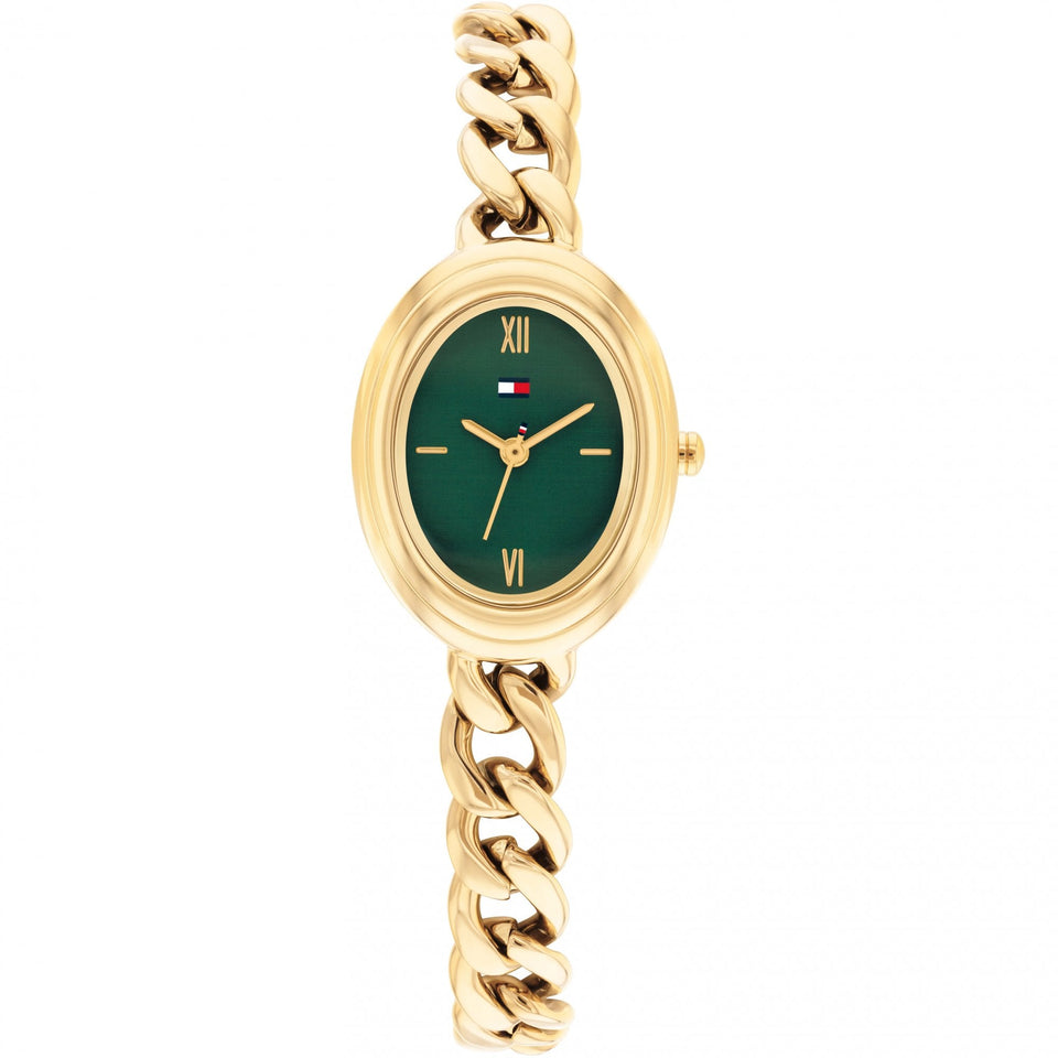 Tommy Hilfiger Ladies Demi Green Oval Dial Gold Plated Watch