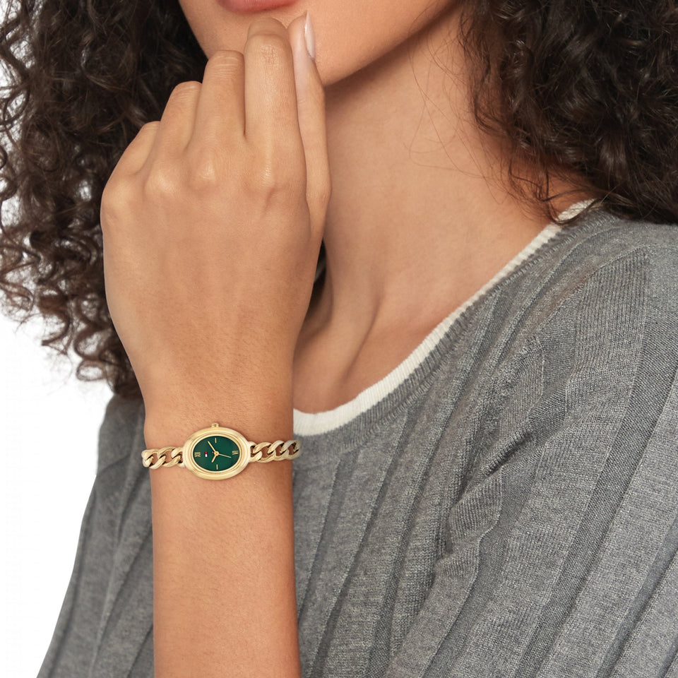 Tommy Hilfiger Ladies Demi Green Oval Dial Gold Plated Watch