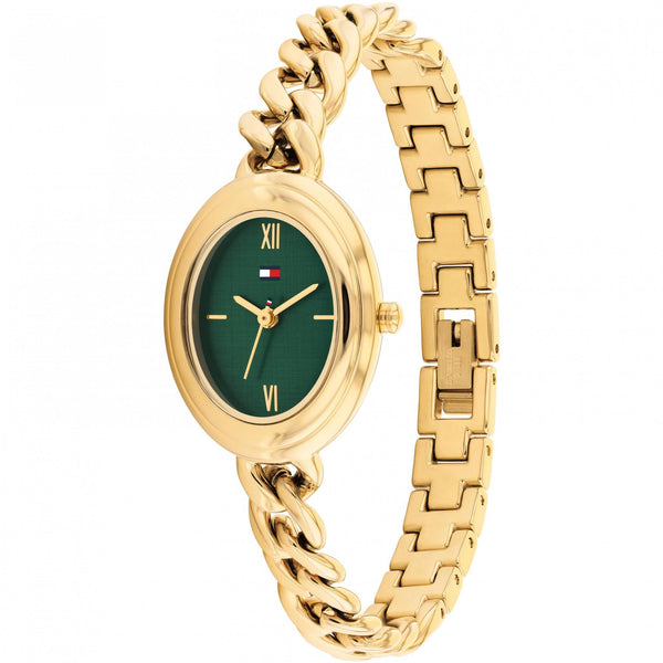Tommy Hilfiger Ladies Demi Green Oval Dial Gold Plated Watch