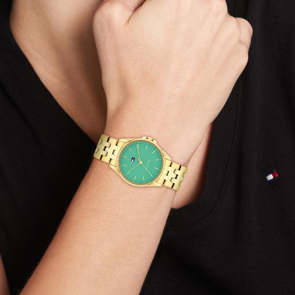 Tommy Hilfiger Ladies Green Dial 30mm Gold Plated Bracelet Watch