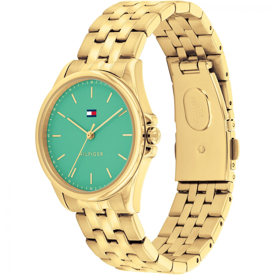 Tommy Hilfiger Ladies Green Dial 30mm Gold Plated Bracelet Watch
