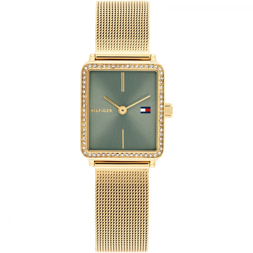 Tommy Hilfiger Ladies Green Dial Sqaure Gold Plated Mesh Bracelet Watch