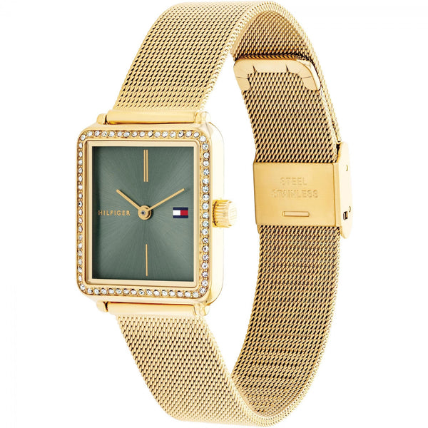 Tommy Hilfiger Ladies Green Dial Sqaure Gold Plated Mesh Bracelet Watch