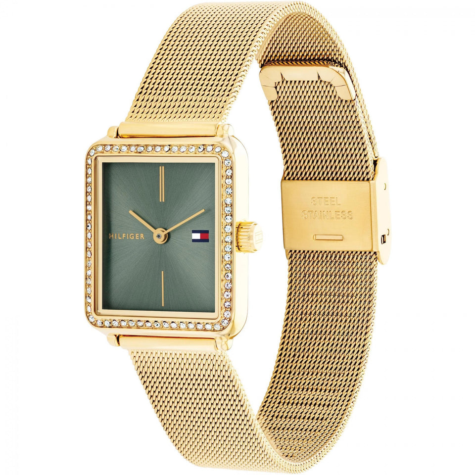 Tommy Hilfiger Ladies Green Dial Sqaure Gold Plated Mesh Bracelet Watch