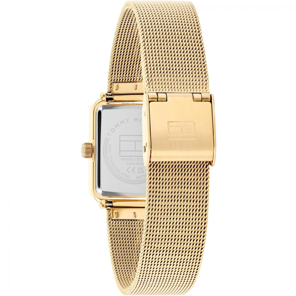 Tommy Hilfiger Ladies Green Dial Sqaure Gold Plated Mesh Bracelet Watch