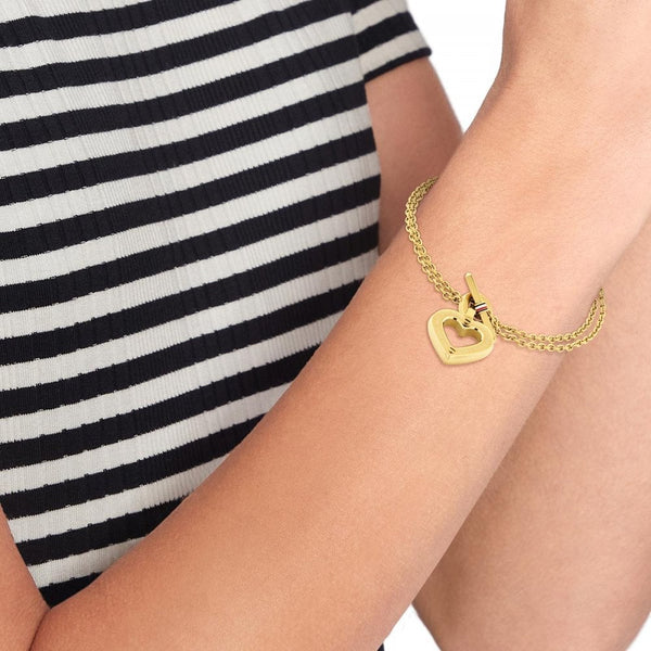 Tommy Hilfiger Ladies Heart Gold Plated Layered Chain Toggle Bracelet