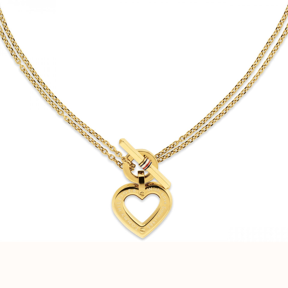 Tommy Hilfiger Ladies Heart Gold Plated Layered Chain Toggle Necklace