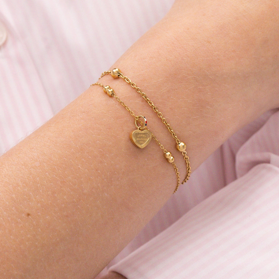 Tommy Hilfiger Ladies Layered Gold Tone Beaded Heart Bracelet