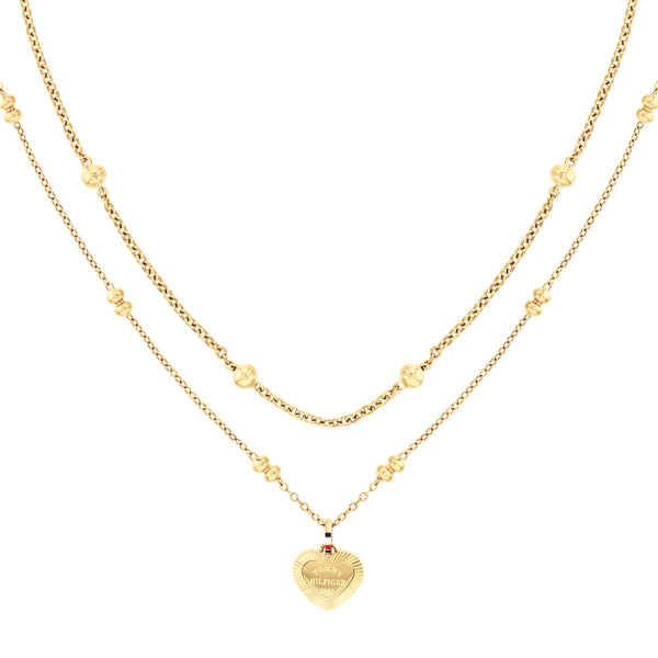 Tommy Hilfiger Ladies Layered Gold Tone Beaded Heart Multi Chain Necklace