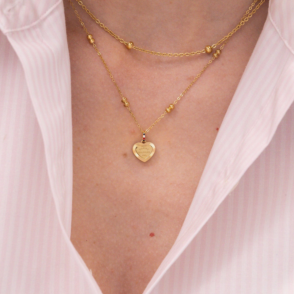 Tommy Hilfiger Ladies Layered Gold Tone Beaded Heart Multi Chain Necklace
