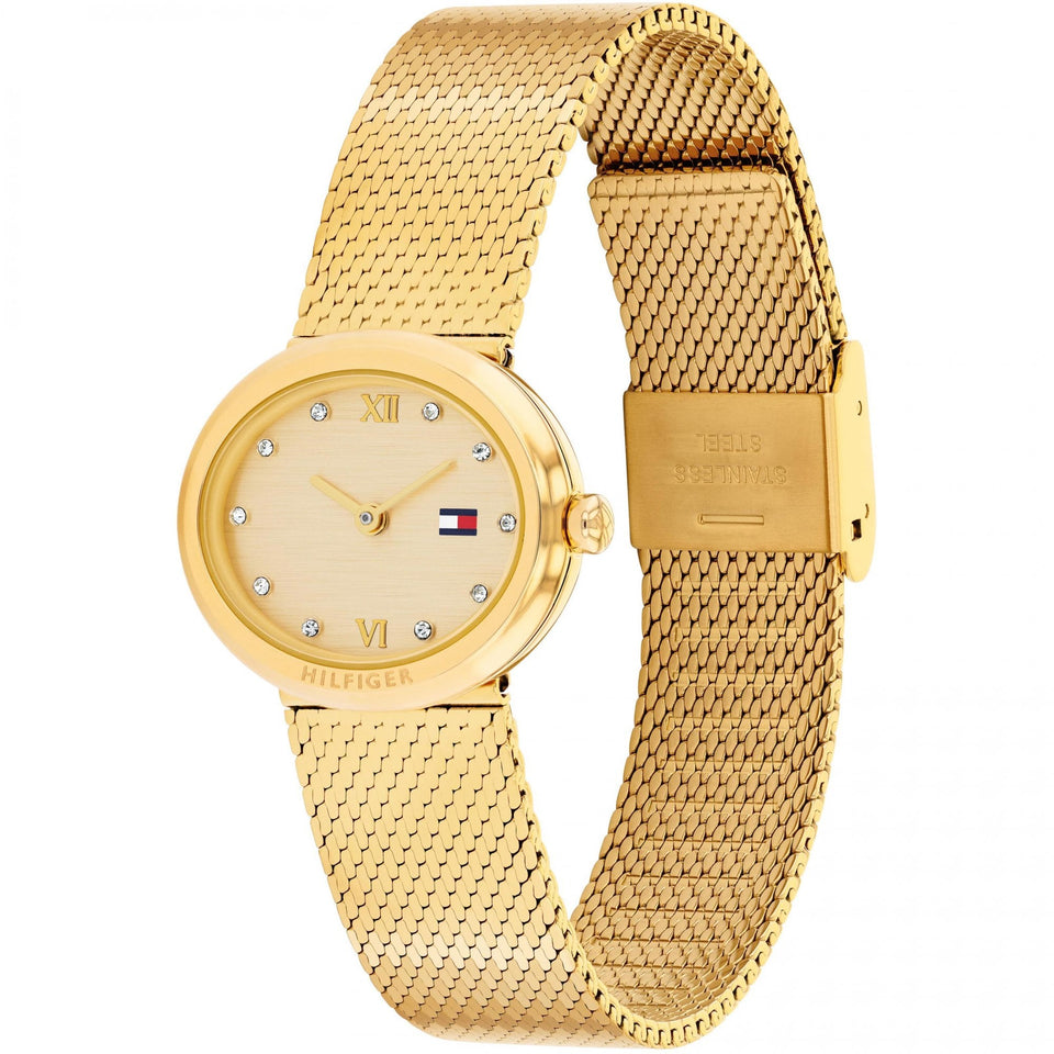 Tommy Hilfiger Ladies Moira Stone Set Gold Toned Mesh Bracelet Watch