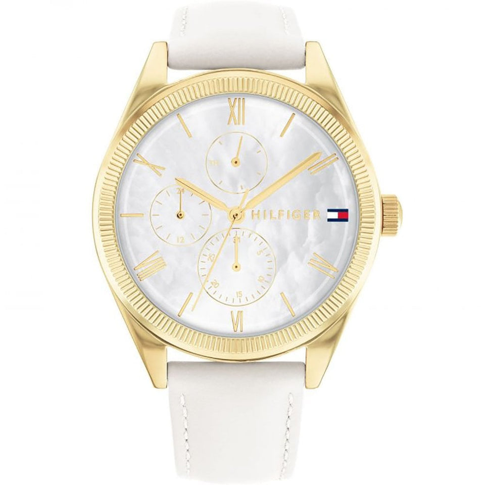 Tommy Hilfiger Ladies Monica 38mm White Dial Leather Strap Watch