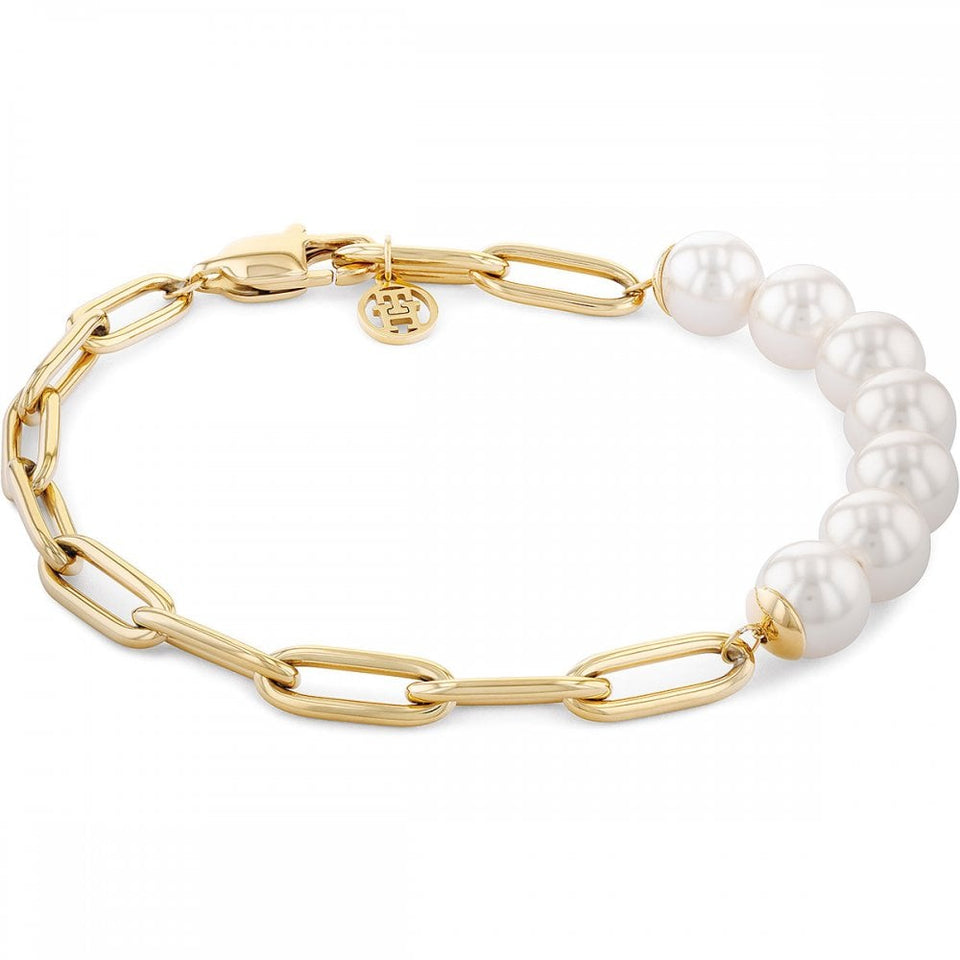 Tommy Hilfiger Ladies Orb Pearl Gold Plated Linked Pearl Bracelet
