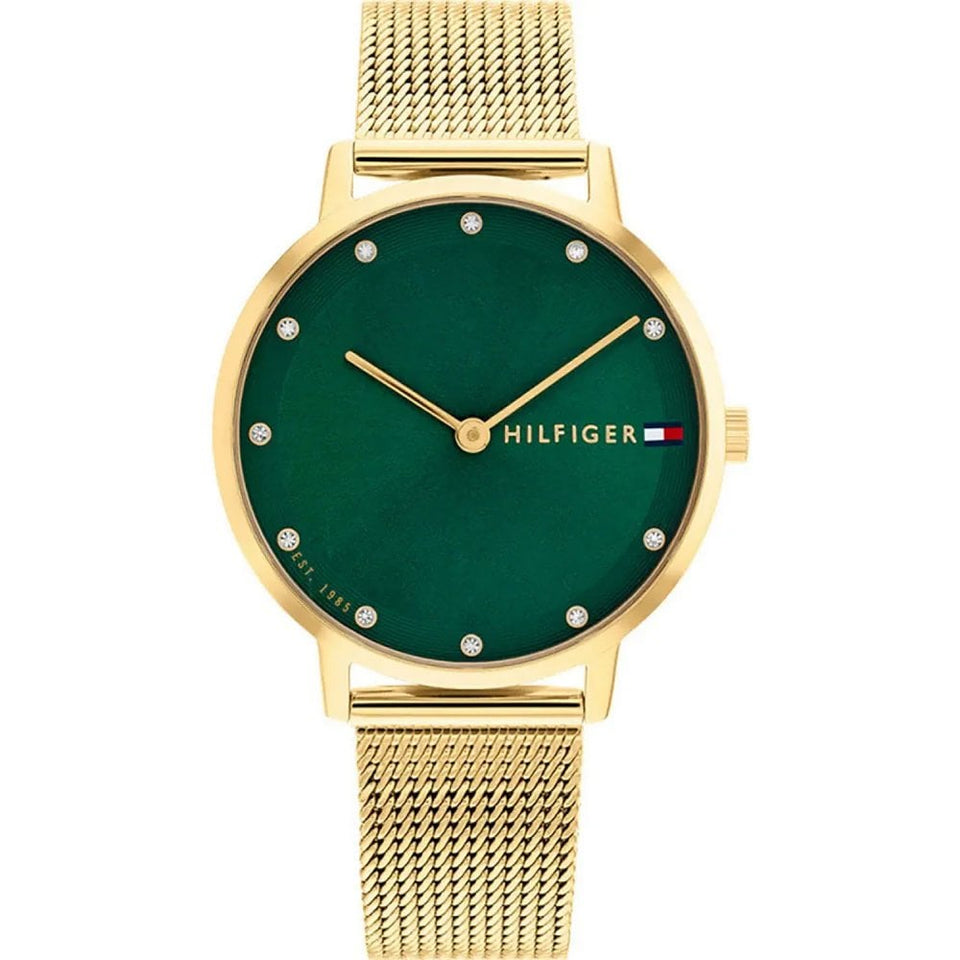 Tommy Hilfiger Ladies Pippa 34mm Green Dial Gold Plated Mesh Bracelet Watch
