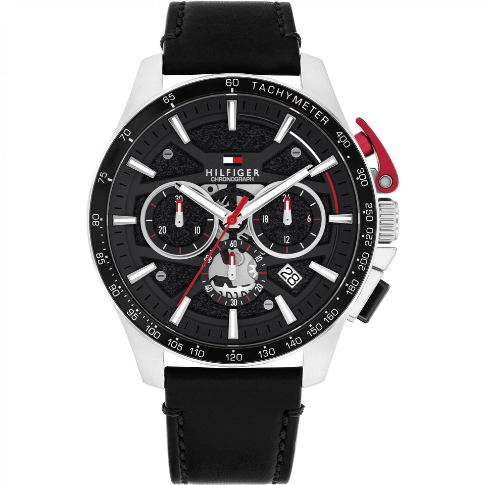 Tommy Hilfiger Men's Bank Black Dial 44mm Leather Strap Watch