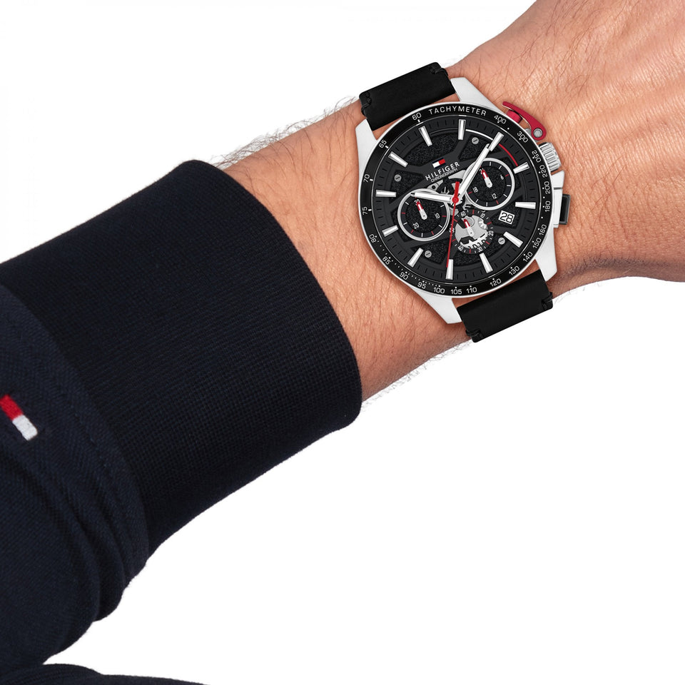 Tommy Hilfiger Men's Bank Black Dial 44mm Leather Strap Watch
