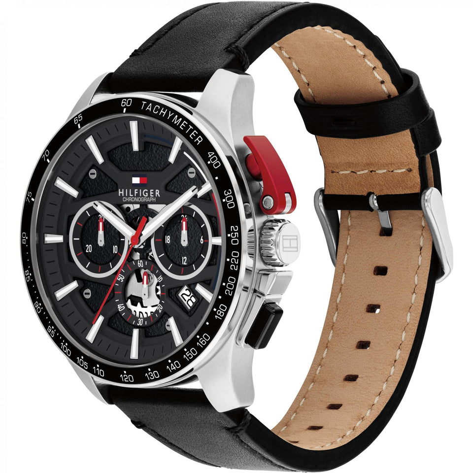 Tommy Hilfiger Men's Bank Black Dial 44mm Leather Strap Watch