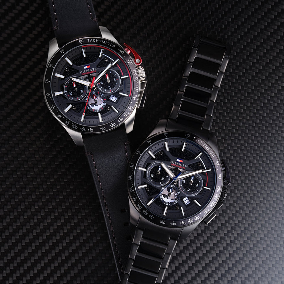 Tommy Hilfiger Men's Bank Black Dial 44mm Leather Strap Watch